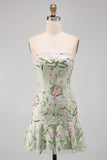 Strapless Sage Green Bodycon Floral Party Dress with Ruffles
