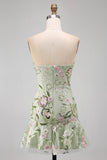 Strapless Sage Green Bodycon Floral Party Dress with Ruffles
