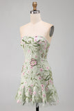 Strapless Sage Green Bodycon Floral Party Dress with Ruffles