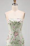 Strapless Sage Green Bodycon Floral Party Dress with Ruffles