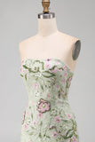 Strapless Sage Green Bodycon Floral Party Dress with Ruffles