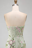 Strapless Sage Green Bodycon Floral Party Dress with Ruffles