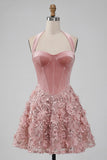 A-Line Pink Halter Neck Corset Floral Sequins Homecoming Dress with Appliques