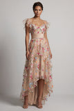 Champagne Floral A-Line Corset Embroidered High-Low Mother Of the Bride Dress