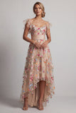 Champagne Floral A-Line Corset Embroidered High-Low Mother Of the Bride Dress