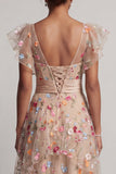 Champagne Floral A-Line Corset Embroidered High-Low Mother Of the Bride Dress