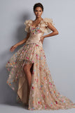 Champagne A-Line Tulle Corset Embroidered Floral High-Low Mother Of the Bride Dress