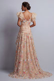 Champagne A-Line Tulle Corset Embroidered Floral High-Low Mother Of the Bride Dress