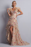 Champagne A-Line Tulle Corset Embroidered Floral High-Low Mother Of the Bride Dress
