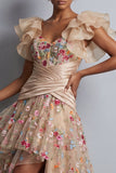 Champagne A-Line Tulle Corset Embroidered Floral High-Low Mother Of the Bride Dress
