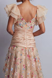 Champagne A-Line Tulle Corset Embroidered Floral High-Low Mother Of the Bride Dress