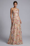 One Shoulder Champagne A-Line Floral Mother Of the Bride Dress