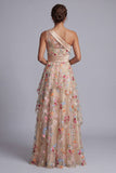 One Shoulder Champagne A-Line Floral Mother Of the Bride Dress