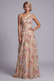 One Shoulder Champagne A-Line Floral Mother Of the Bride Dress