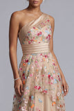 One Shoulder Champagne A-Line Floral Mother Of the Bride Dress