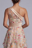 One Shoulder Champagne A-Line Floral Mother Of the Bride Dress
