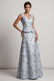 Dusty Blue Floral A Line V-Neck Long Jacquard Mother of the Bride Dress