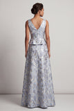 Dusty Blue Floral A Line V-Neck Long Jacquard Mother of the Bride Dress