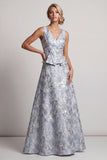 Dusty Blue Floral A Line V-Neck Long Jacquard Mother of the Bride Dress