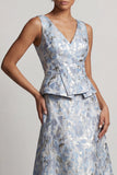 Dusty Blue Floral A Line V-Neck Long Jacquard Mother of the Bride Dress