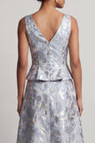 Dusty Blue Floral A Line V-Neck Long Jacquard Mother of the Bride Dress