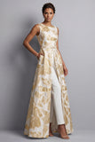 Champagne Boat Jacquard Neck Mother of the Bride Jumpsuits with Pockets