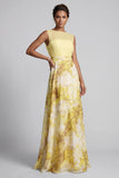 Yellow A Line Floral Bateau Neck Long Mother of the Bride Dress