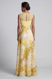 Yellow A Line Floral Bateau Neck Long Mother of the Bride Dress