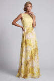 Yellow A Line Floral Bateau Neck Long Mother of the Bride Dress