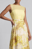 Yellow A Line Floral Bateau Neck Long Mother of the Bride Dress