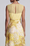 Yellow A Line Floral Bateau Neck Long Mother of the Bride Dress
