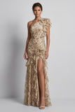 Champagne One Shoulder Floral Mermaid Ruffled Mother of the Bride Dress with Slit
