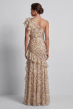 Champagne One Shoulder Floral Mermaid Ruffled Mother of the Bride Dress with Slit