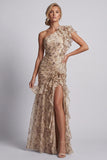 Champagne One Shoulder Floral Mermaid Ruffled Mother of the Bride Dress with Slit