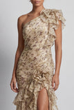 Champagne One Shoulder Floral Mermaid Ruffled Mother of the Bride Dress with Slit