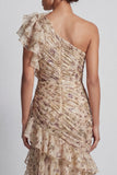 Champagne One Shoulder Floral Mermaid Ruffled Mother of the Bride Dress with Slit