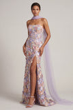 Light Purple Mermaid Strapless Floral Long Mother of the Bride Dress with Slit