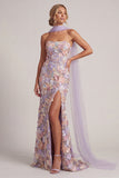 Light Purple Mermaid Strapless Floral Long Mother of the Bride Dress with Slit