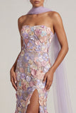 Light Purple Mermaid Strapless Floral Long Mother of the Bride Dress with Slit