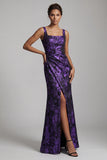 Dark Purple Mermaid Ruched Floral Long Mother of the Bride Dress with Slit