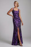 Dark Purple Mermaid Ruched Floral Long Mother of the Bride Dress with Slit