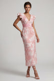 Sparkly Blush Sheath Beaded V-Neck Midi Mother of the Bride Dress with Ruffle Sleeves