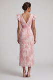 Sparkly Blush Sheath Beaded V-Neck Midi Mother of the Bride Dress with Ruffle Sleeves