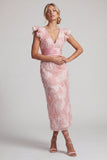 Sparkly Blush Sheath Beaded V-Neck Midi Mother of the Bride Dress with Ruffle Sleeves