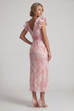 Sparkly Blush Sheath Beaded V-Neck Midi Mother of the Bride Dress with Ruffle Sleeves