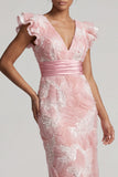Sparkly Blush Sheath Beaded V-Neck Midi Mother of the Bride Dress with Ruffle Sleeves