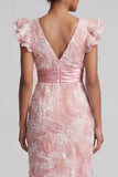 Sparkly Blush Sheath Beaded V-Neck Midi Mother of the Bride Dress with Ruffle Sleeves
