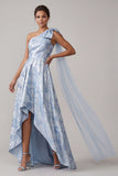 One Shoulder Sky Blue A Line High Low Mother of the Bride Dress with Bow