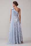 One Shoulder Sky Blue A Line High Low Mother of the Bride Dress with Bow