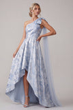 One Shoulder Sky Blue A Line High Low Mother of the Bride Dress with Bow